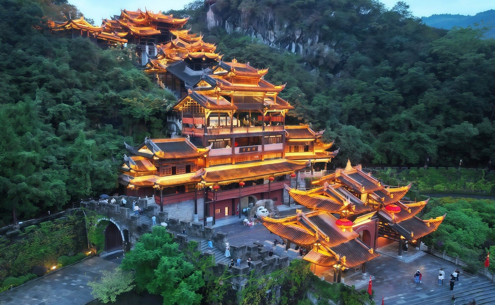 Aerial view of the golden timber halls of Chiyou Jiuli City at dusk