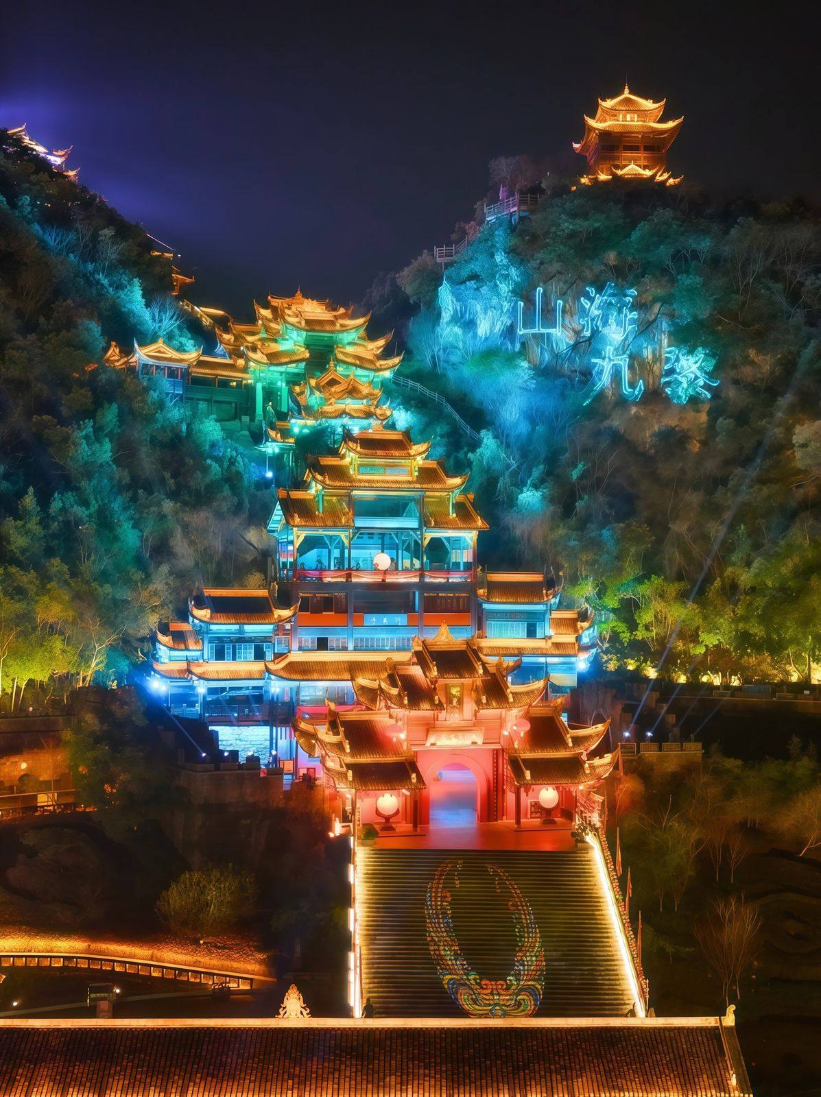 Evening mountain light show illuminating the halls of Chiyou Jiuli City