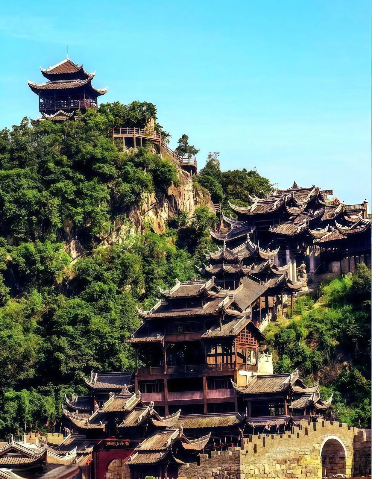 Stilt city of Chiyou Jiuli City climbing the hillside under blue sky