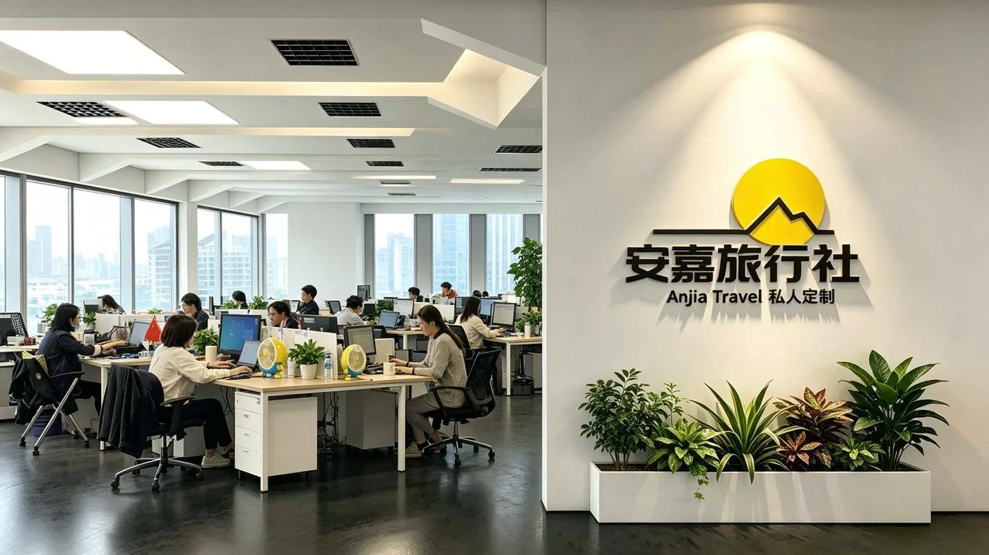 Anjia Travel open-plan office with staff at work beneath the company logo wall